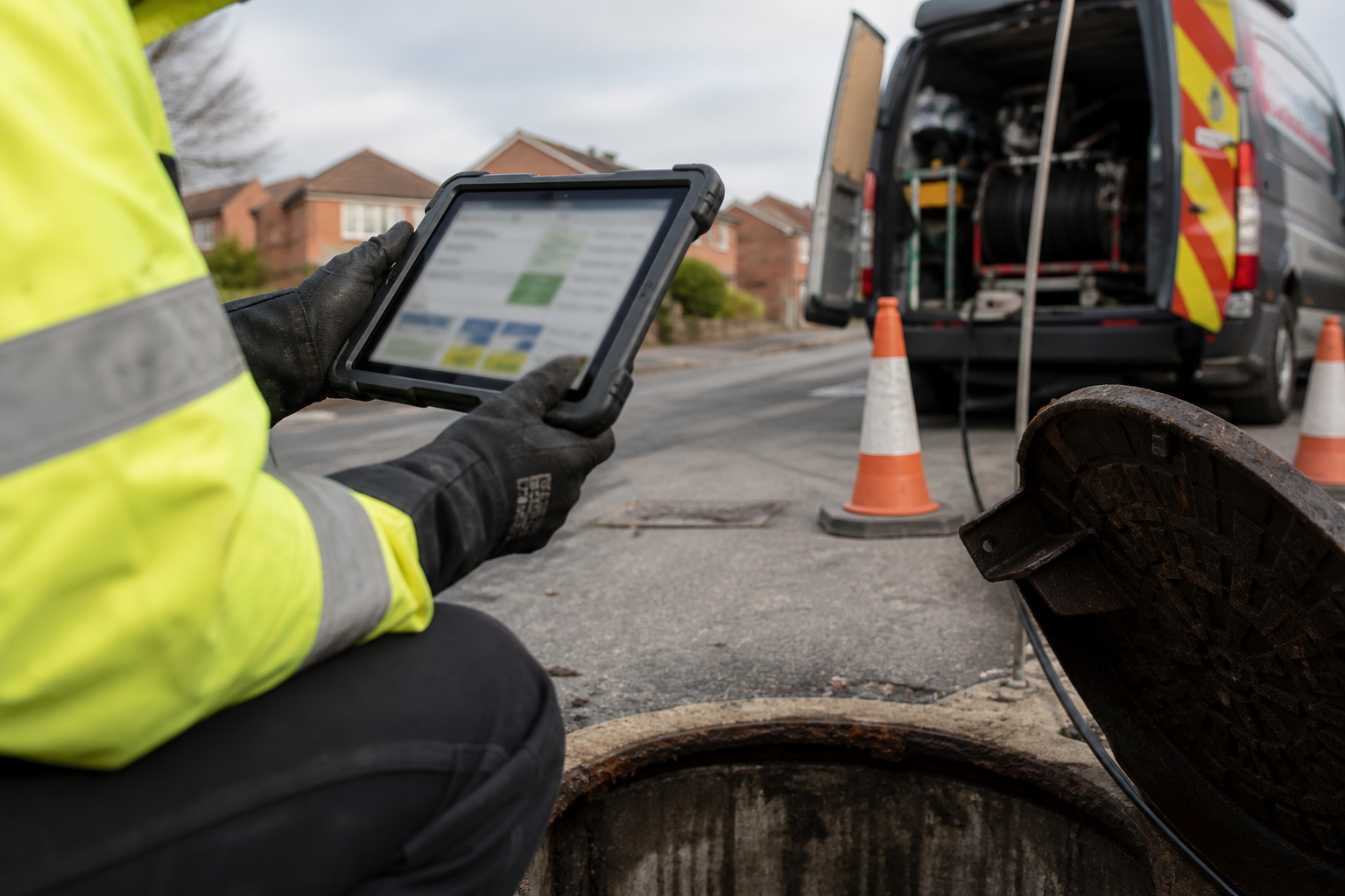 UK drainage survey team using tablet software to capture manhole and gully assets on a residential site