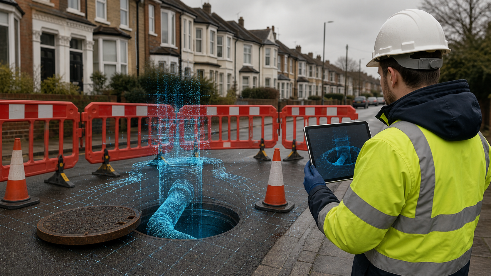 Surveyor scanning an open manhole with iPad LiDAR and a cyan point-cloud digital twin