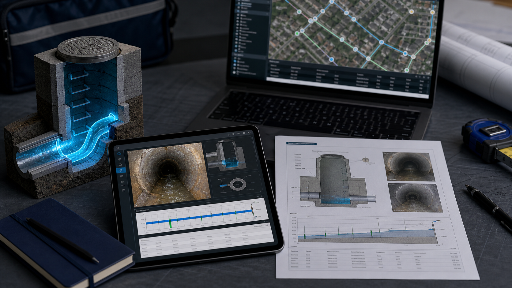 Professional manhole inspection report, interactive cutaway and GIS handover on a survey office desk
