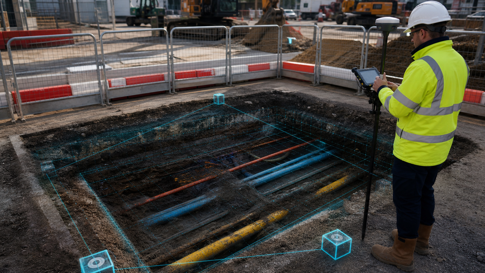 UK utility trial pit with exposed services, GNSS survey and cyan 3D control overlay