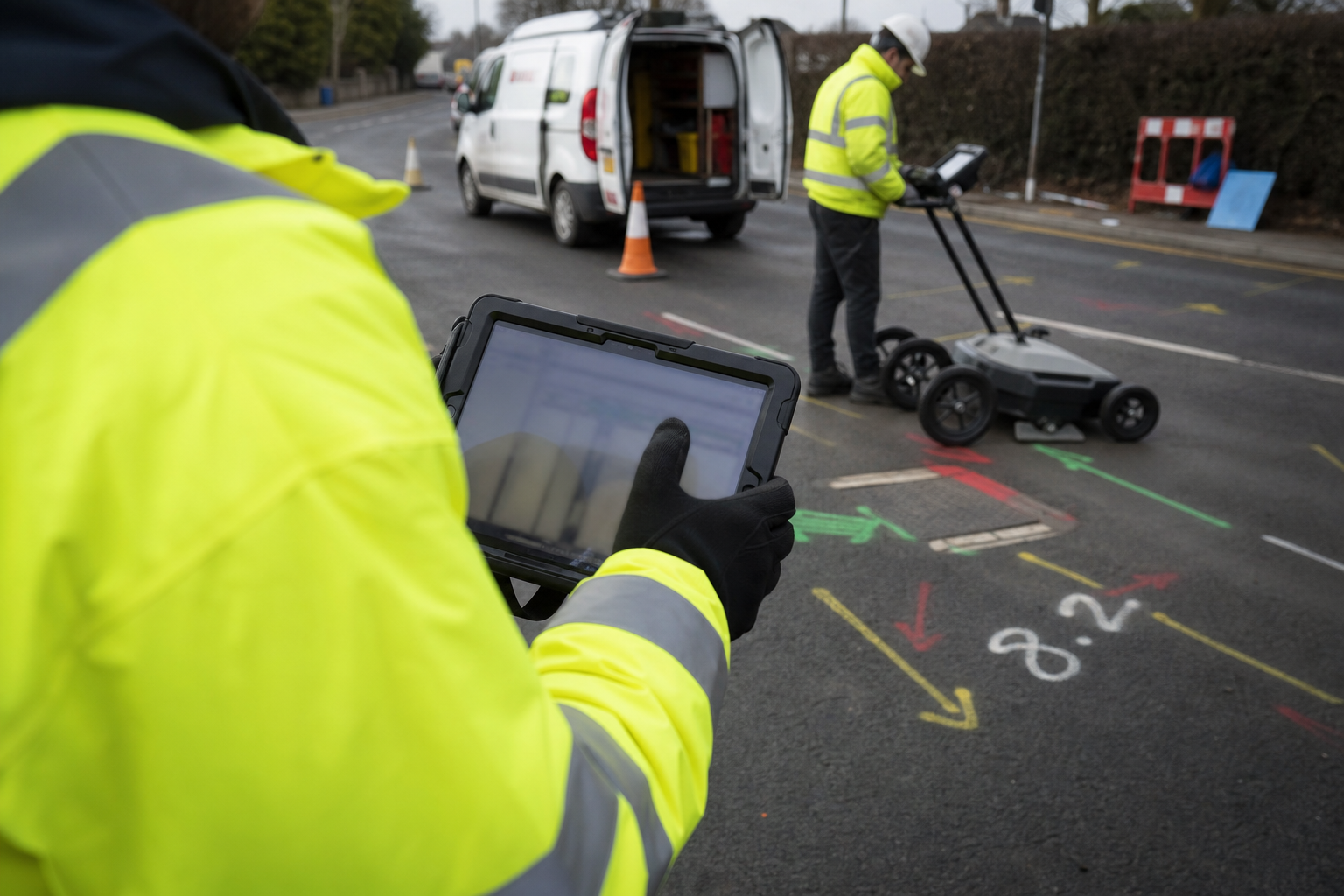 UK utility survey crew capturing PAS128 evidence on tablet beside CAT and GPR equipment